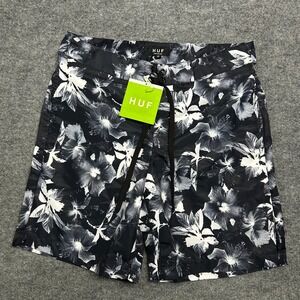 Huf Board Shorts Men's Black Floral Pockets Beach Surfing Swimwear Y2K - 32 NWT